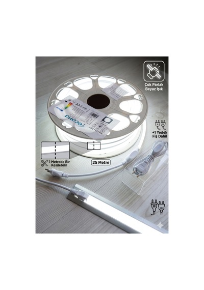 25 Metre Neon Led Şerit 220v - Beyaz Işık, Çok Parlak, Kesilebilir, 2 Fişli Tak Çalıştır Set,mutfak Vetezgah Altı Led