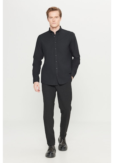 Altınyıldız Classıcs Erkek Sıyah Pamuklu Slim Fit Dar Kesim Düğmeli Yaka Diagonal Desenli Flanel Gömlek Siyah