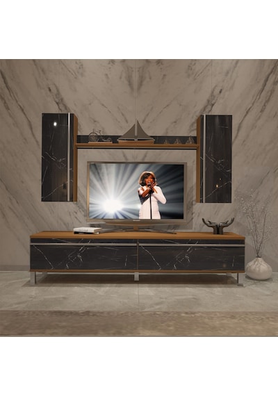 Decoraktiv Eko 7 Mdf Std Krom Ayaklı Tv Ünitesi Tv Sehpası Ceviz - Siyah Mermer