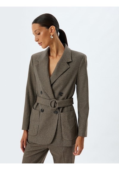 Koton Kruvaze Kemerli Blazer Ceket Cepli Kahverengi Ekose 5wak50010ew Kahverengi