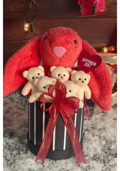 Sole Premium Özel Hediye Kutusunda 45 Cm Mercan Bunny Tavşan Ve 5 Adet Krem Peluş Ayıcık Buketi