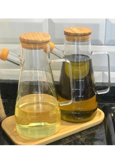 Bambu Kapaklı Ve Bambu Altlıklı Borosilikat Cam Yağlık Sirkelik - 3 Lü Set 900 Ml Masterchef Yağdanlık Seti