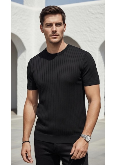 Plus Scorpion Erkek Slim Fit Triko Tişört Bisiklet Yaka Çizgili Modern Şık Tasarım Siyah