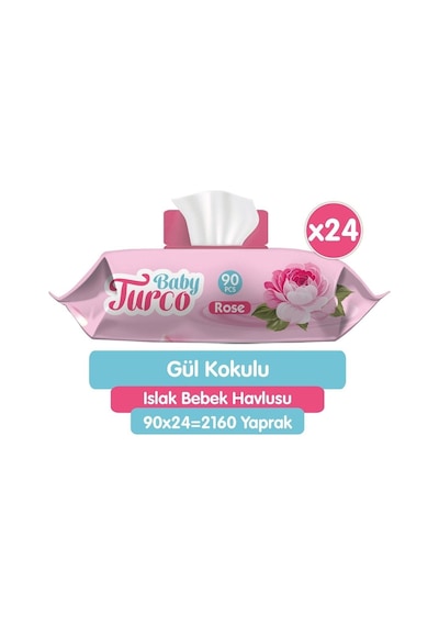 Baby Turco Güllü, Saf Pamuklu Islak Havlu 24 pk 90 Yaprak