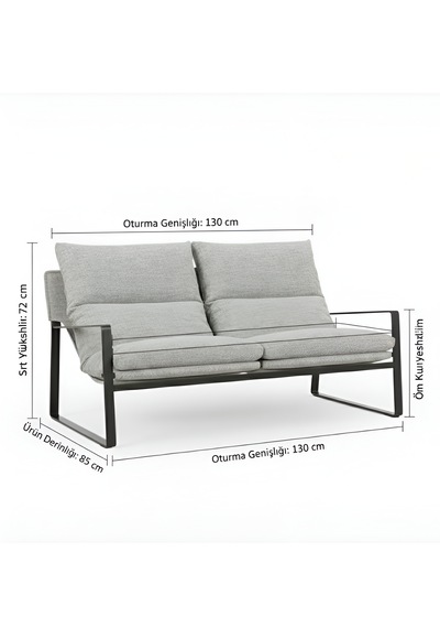 Sller Modern İkili Koltuk - Loft Tasarım Teddy/kumaş Bahçe Ve Balkon Kanepesi - Metal İskeletli 130 Cm Gri