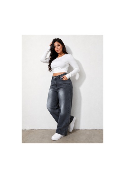 Kene Jeans Kemer Lastik Detaylı Füme İşlemli Battal Boru Paça Jeans Pantolon Füme İşlemli