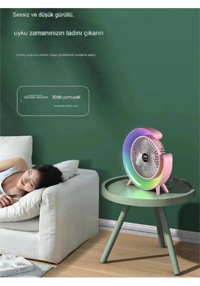 Masaüstü Vantilatör Usb Şarjlı Rgb Led Işıklı 3 Kademeli 180 Ayarlanabilir Soğutucu Fan Yeşil Çok Renkli