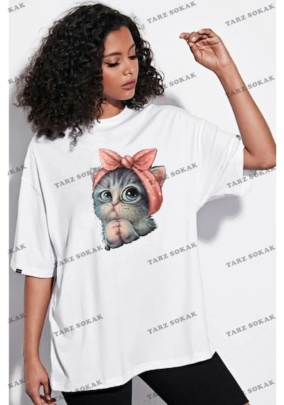 Startmore Beyaz Unisex Sevimli Minik Kedi Baskılı Pamuk Bisiklet Yaka Boyfriend Örme Oversize Beyaz