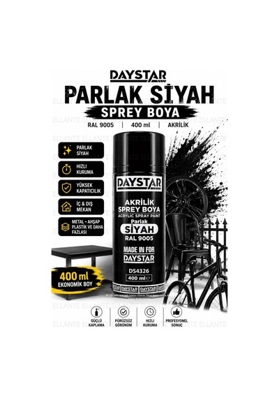Parlak Siyah Akrilik Sprey Boya Ral 9005 400 Ml Hızlı Kuruyan Yüksek Kapatıcılı Metal Ahşap Plastik Çok Renkli Parlak Siyah Akrilik Sprey Boya Ral 9005 400 Ml Hızlı Kuruyan Yüksek Kapatıcılı Metal Ahşap Plastik Çok Renkli