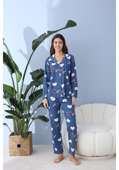 Pemilo Kadın 30013 Boydan Düğmeli Uzun Kol Pijama Takımı Mavi Mavi