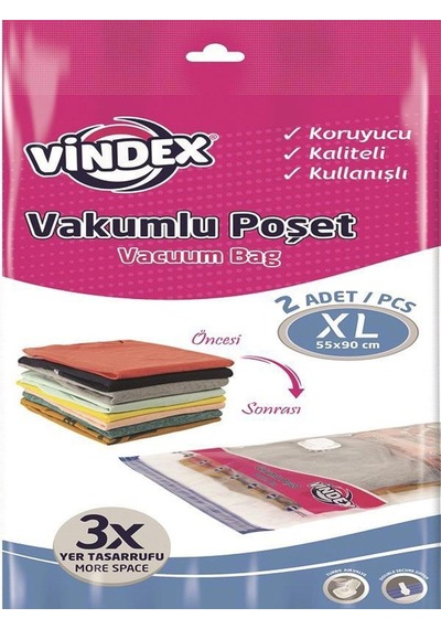 Vindex Vakumlu Giyisi Yastık Yorgan Saklama Torbası Poşeti Hurç - X Large - 55x90 Cm. -2'li 3 Paket Şeffaf