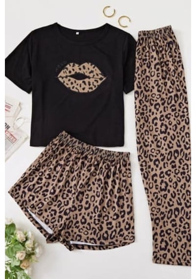 Bella Notte 3 Parça Leopar Desenli Pamuklu Pijama Takımı