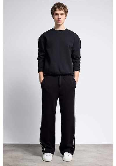 Defacto - 	Boxy Fit Bisiklet Yaka Basic Düz Pike Sweatshirt E1519AX25SP Siyah