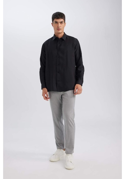 Defacto Siyah Relax Fit Polo Yaka Twill Modal Karışımlı Basic Düz Uzun Kollu Gömlek D3376AX24AUBK26 Siyah