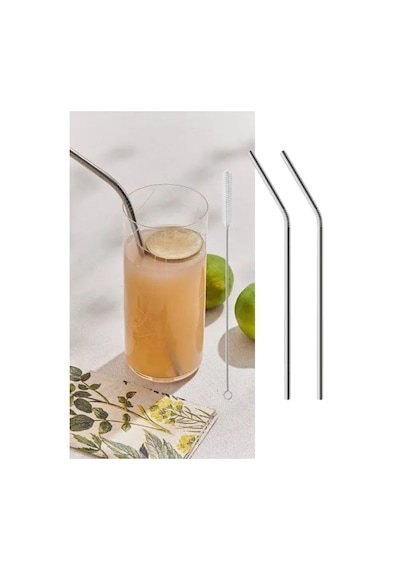 2 Li Paslanmaz Çelik Pipet + Temizleme Fırçası Gümüş