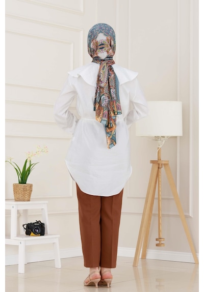 Sevitli Beli Bağcık Detaylı Geniş Yaka Tunik-beyaz-4991 Beyaz