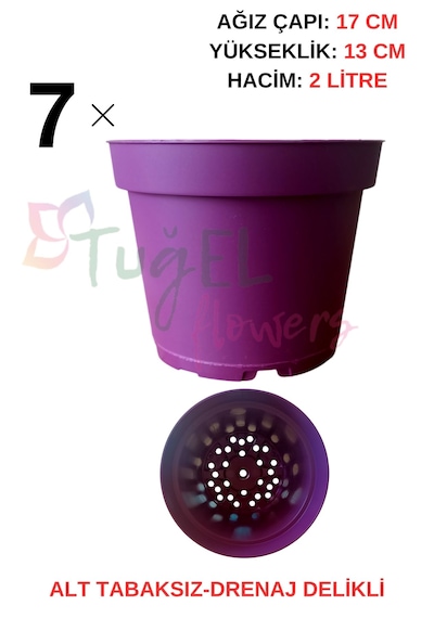 7 Adet Plastik Saksı 2 Litrelik Alt Tabaksız Mor 17cm