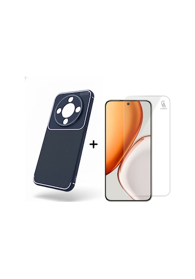 Honor Magic 8 Lite İle Uyumlu Karbon Tasarım Silikon Telefon Kılıfı Ve Temperli Cam Ekran Koruyucu Lacivert