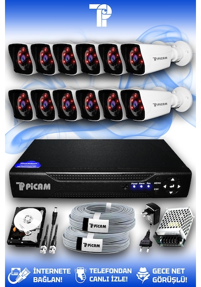 Picam 12 Kameralı Kare 12 Dış Kamera Set 320 GB HDD Full HD Gece Görüşlü Güvenlik Kamerası Sistemi