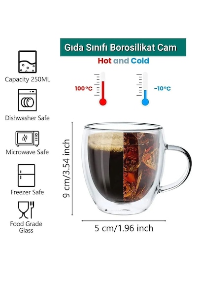 Main 2 Adet 250 Ml Çift Cidarlı Kulplu Cam Çay Kahve Süt Kupa Borosilikat Bardak Şeffaf