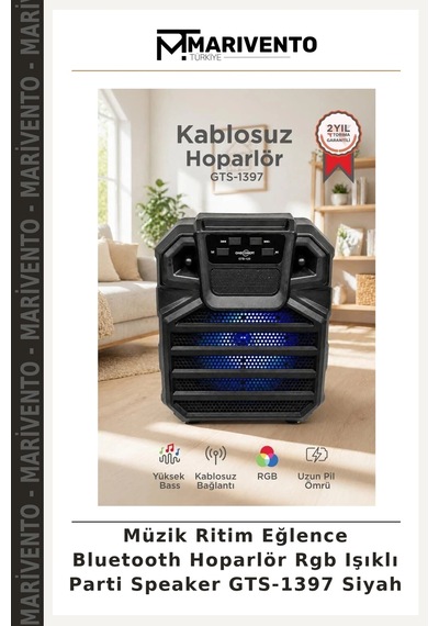 Müzik Ritim Eğlence Bluetooth Hoparlör Rgb Işıklı Parti Speaker Gts-1397 Siyah