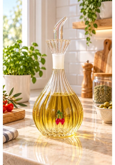 2 Adet Kirazlı 900 Ml Borosilikat Tombul Çizgili Cam Yağdanlık Ve Mermer Stantlı Yağlık Sirkelik Seti Şeffaf