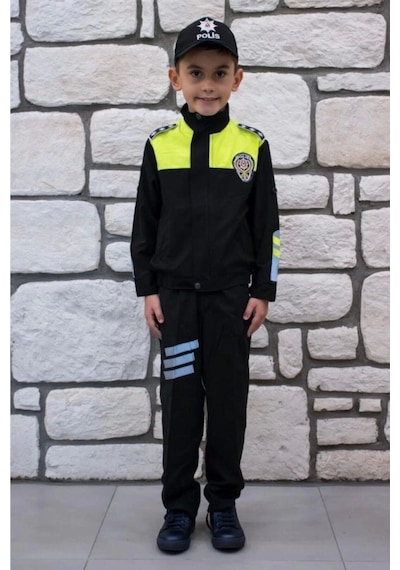 Sevimli Kids Unisex Çocuk Siyah Trafik Polisi Kostümü Siyah