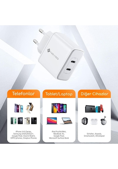 Novoo Gan 35w 2 Portlu Usb-c Pd Hızlı Şarj Cihazı Beyaz