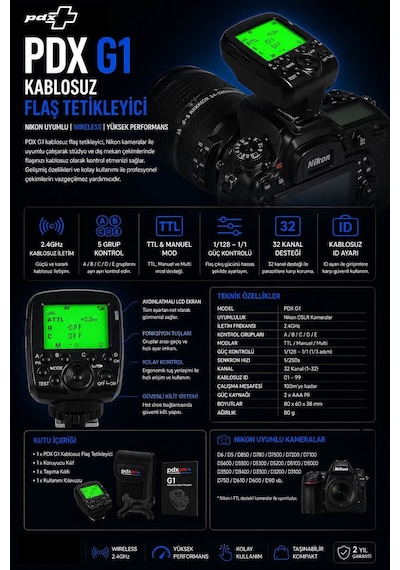 Pdx Kablosuz Flaş Tetikleyici G1 Nikon Uyumlu Wireless