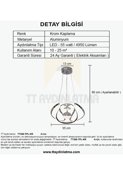 Tt Aydınlatma Kavismodeli Kromkaplama Tektoplu 3 Renkli Led Avize Krom
