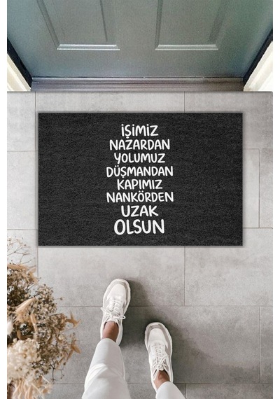 Rugmood Modern Dijital Baskı - İşimiz Nazardan Yolumuz Düşmandan Kapımız Nankörden Uzak - Kapı Önü Paspası Siyah