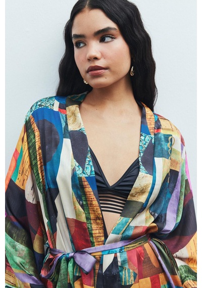 Fumée Coloré Desenli Kısa Saten Sabahlık / Kimono Çok Renkli