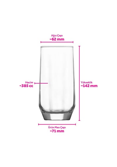 Lav Diamond Cam Meşrubat Bardağı 3'lü 385 ml (Büyük Su/Kokteyl/Limonata Bardağı )