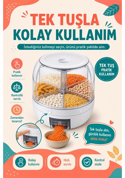 Tek Tuşla Kullanılan Şeffaf Kapaklı Bakliyat Saklama Kabı 6 Bölmeli Döner Hazneli