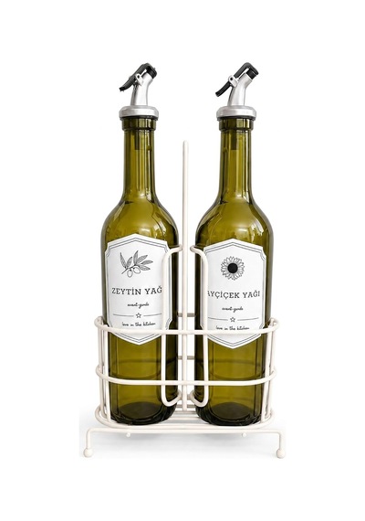 Lexroo 750 Ml 2 Li Yağdanlık Seti Ve Beyaz Metal Stand, Zeytinyağı Ayçiçek Yağı Şişesi