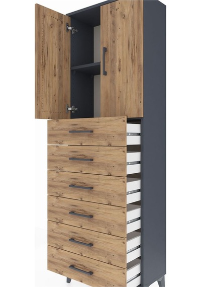 Arges Dolap 2 Raflı 6 Çekmeceli 2 Kapaklı 60x30x182 Antrasit-çam Antrasit
