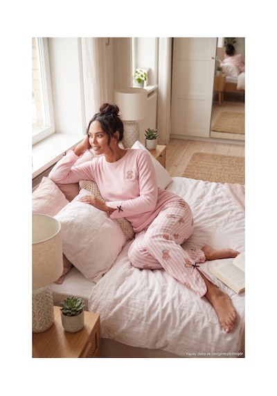 Lela Ayıcık Desenli Lastikli Bel Uzun Kollu Yumuşak Dokulu Pijama Takımı Kadın Pijama Takımı 6575023 Pembe