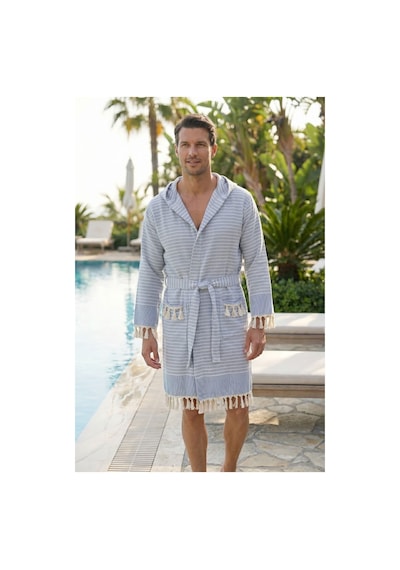 Kapşonlu Unisex Peştemal Plaj Bornozu %100 Pamuklu Seaside Stripe Mavi
