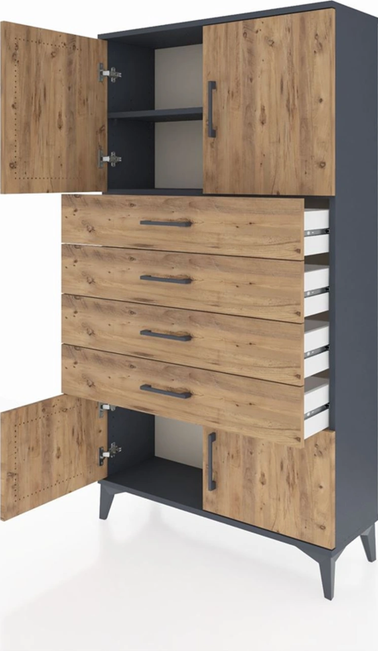 Arges Dolap 2 Raflı 4 Çekmeceli 4 Kapaklı 88x30x163 Antrasit-çam Antrasit