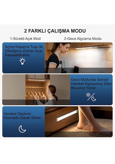 Sensörlü Alüminyum Usb Şarjlı Led Gece Lambası, 3 Renk Kısılabilir, Mutfak Dolap Tezgah İçin 6 Diğer