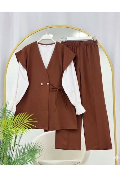 Lovie Moda Kadın Üçlü Şık Takım - Kahverengi Bej