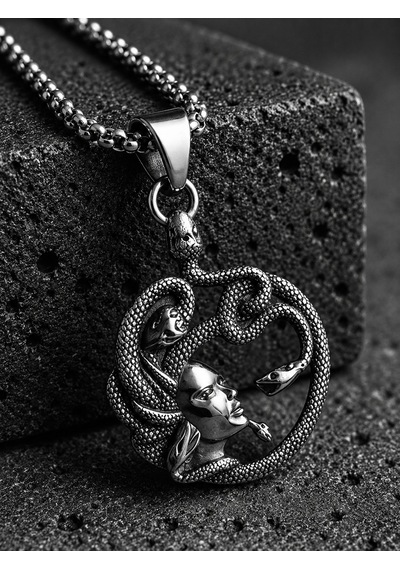 Antik Renk Paslanmaz Çelik Mitolojik Sanat, Özel Tasarım Yılan Figürlü Medusa Kolye Antrasit
