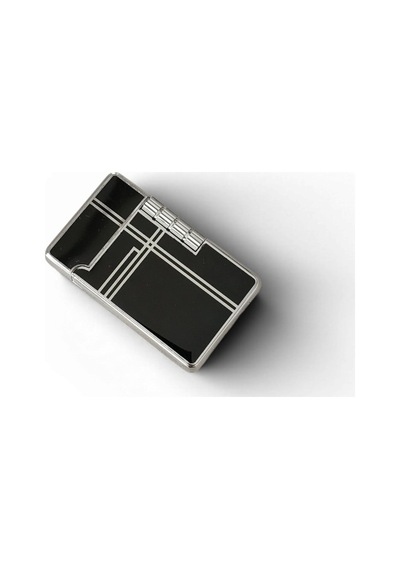 Gümüş Renk Çerçeveli Geometrik Çizgili Siyah Mat Metal Çakmak - Modern Stil