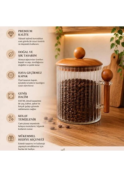 Tr 650 Ml Saklama Kavanozu Akasya Ahşap Kapaklı Kaşıklı Kahve Çay Şeker Saklama Kabı Diğer