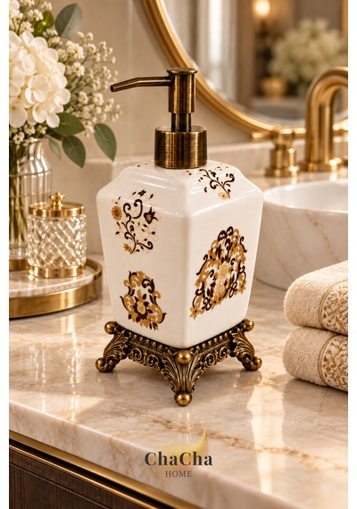 Chacha Home Aurelia Seramik Sıvı Sabunluk 470 Ml Antik Bronz Görünümlü Ayaklı Ve Pompalı 22 Cm Bej - Krem