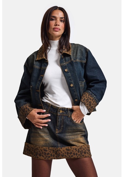 Kadın Koyu Kot 2w6-8 Straight Leopar Detaylı Tasarım Denim Etek