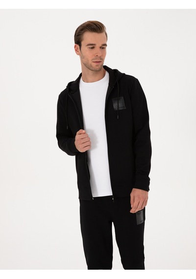 Siyah Regular Fit Pamuk Karışımlı Tam Fermuarlı Kapüşonlu Sweatshirt