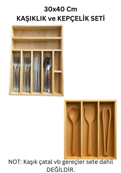 30x40 Cm Çok Bölmeli Ahşap Kaşıklık Ve Kepçelik Seti - Çekmece Düzenleyici- Ahşap Organizer
