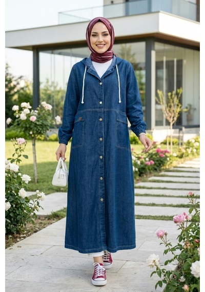 Hb Harma Time Butik Kadın Kapüşonlu Düğmeli Cepli Koyu Kot Mavi Kap Koyu Mavi
