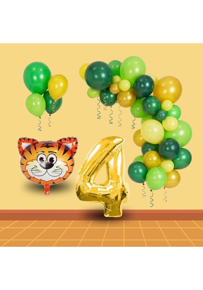 4 Yaş Safari Temalı Folyo Kaplan Yeşil Sarı Gold Balonlar Gold Rakam Doğum Günü Süsü Sarı - Yeşil
